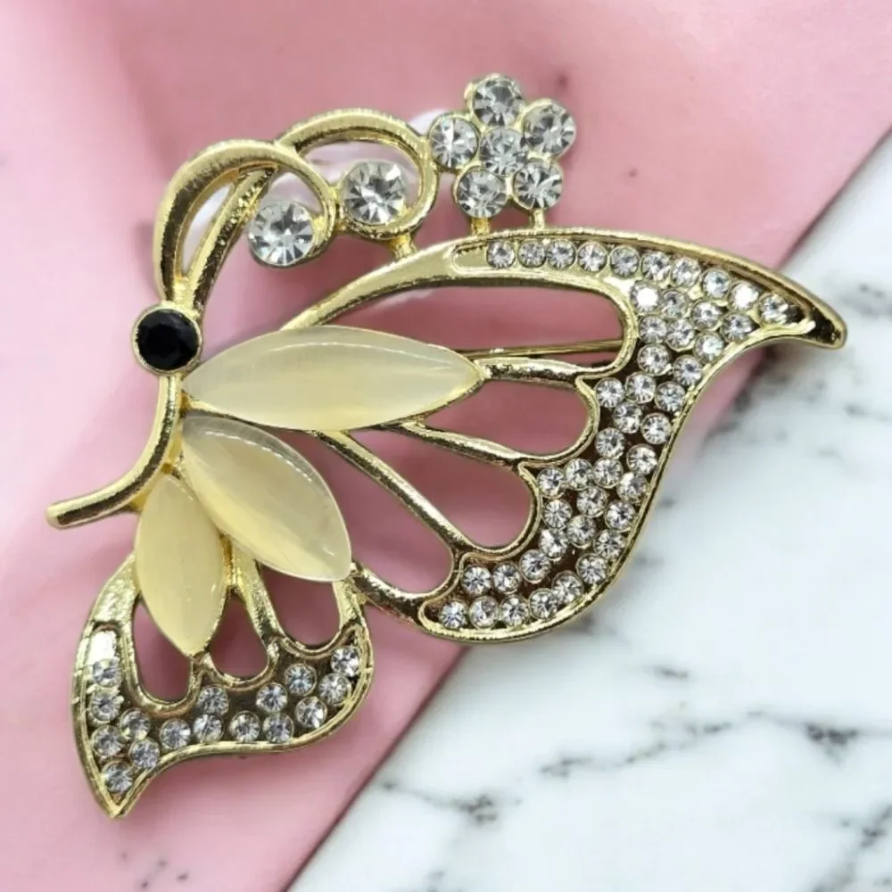 Elegant Gold Butterfly Rhinestone Brooch Pin Large Statement Lapel Accessory